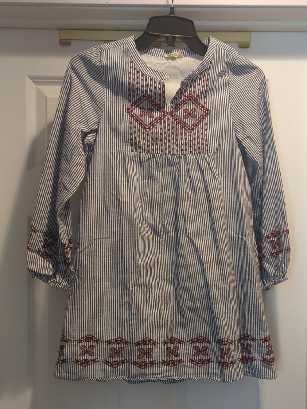 Hayden Navy and White Striped Dress with Red Embroidery